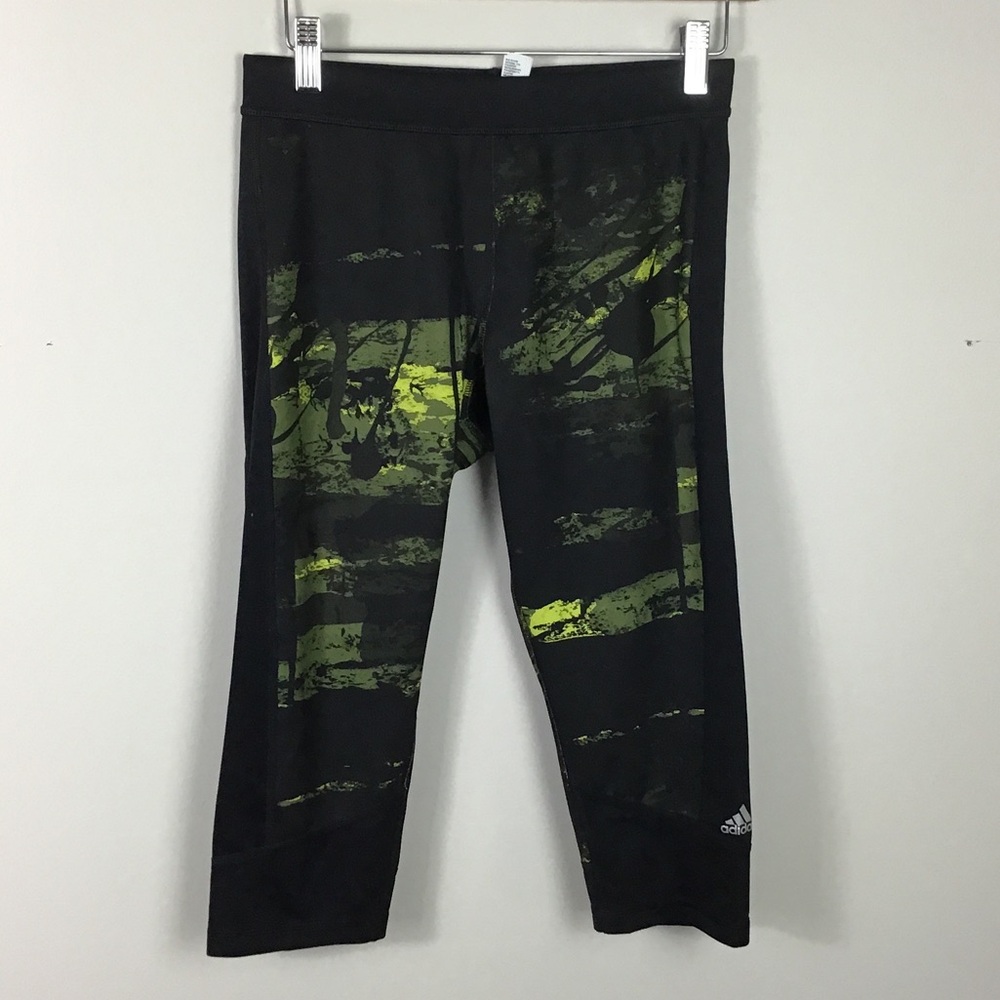 Adidas climalite below knee athletic leggings black green splatter print medium